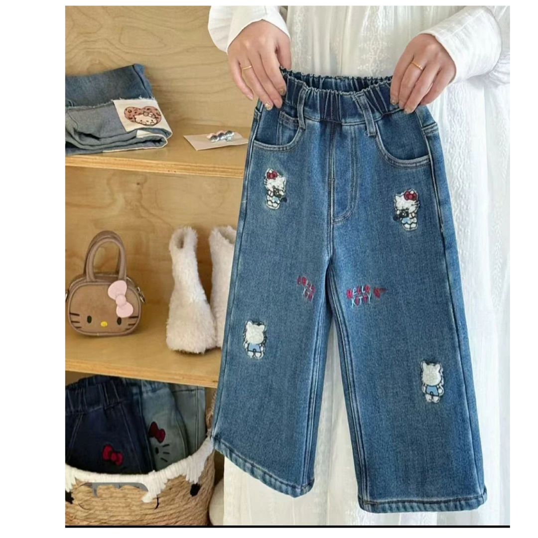 女童加绒牛仔裤一体绒加厚儿童直筒休闲牛仔裤女宝宝保暖阔腿裤子