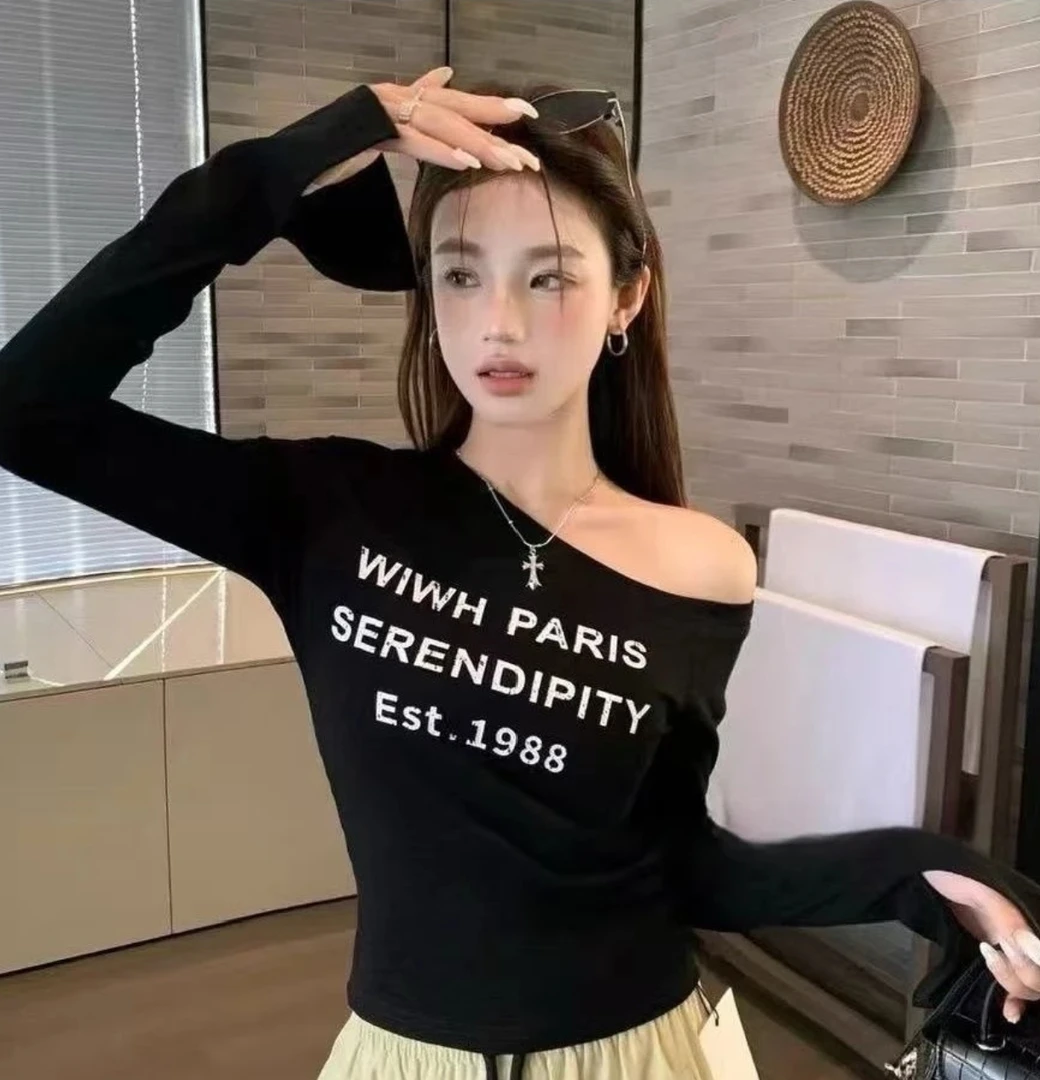 开叉设计感长袖百搭垫肩收腰显瘦斜肩T恤印花不规则辣妹内搭上衣