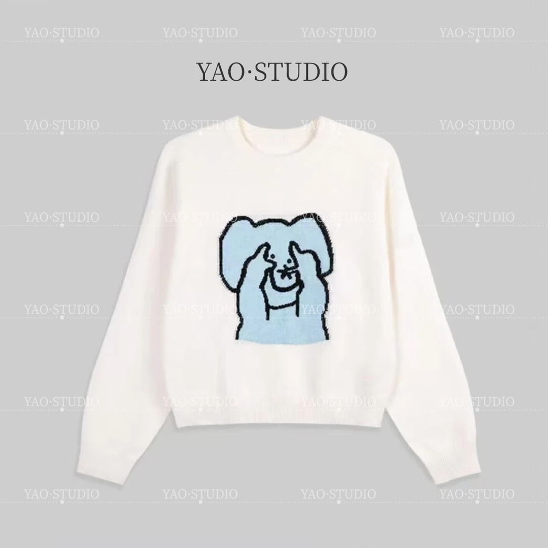 含羞小象~卡通宽松慵懒风套头毛衣时尚百搭长袖轻奢白色针织