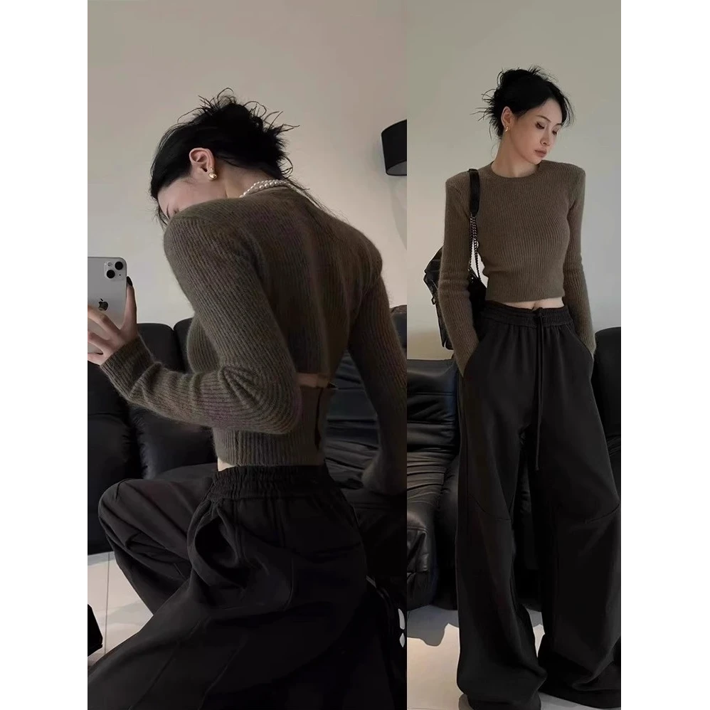 美式设计感小众后背镂空针织衫女打底内搭秋冬季修身短款毛衣上衣