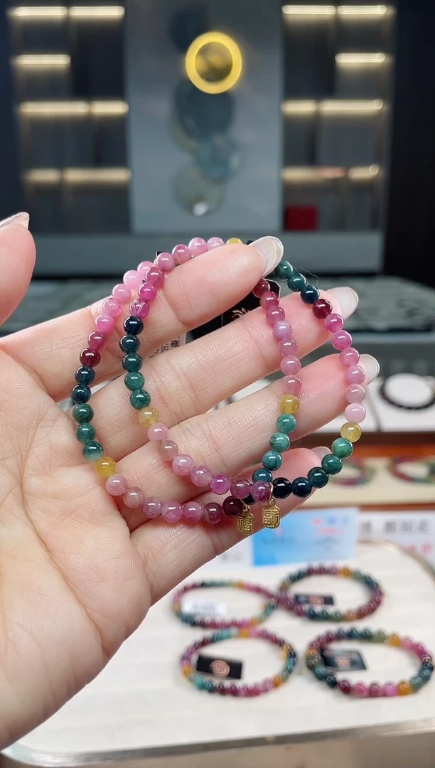 未镶嵌老矿碧玺彩虹单圈手串4mm+碧玺多样性发一条T