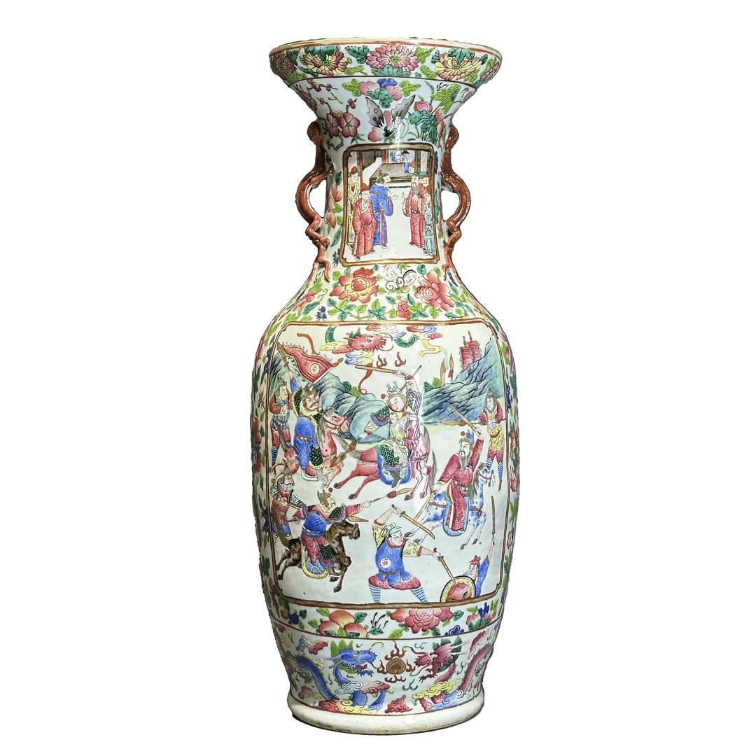 25350189x粉彩长坂坡铜雀台比武纹盘口瓶