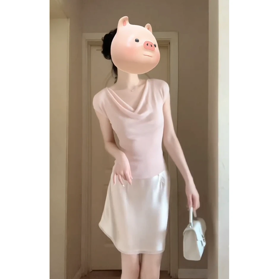 2025夏季新款女韩系穿搭修身荡领短袖上衣气质高腰显瘦A字半身裙