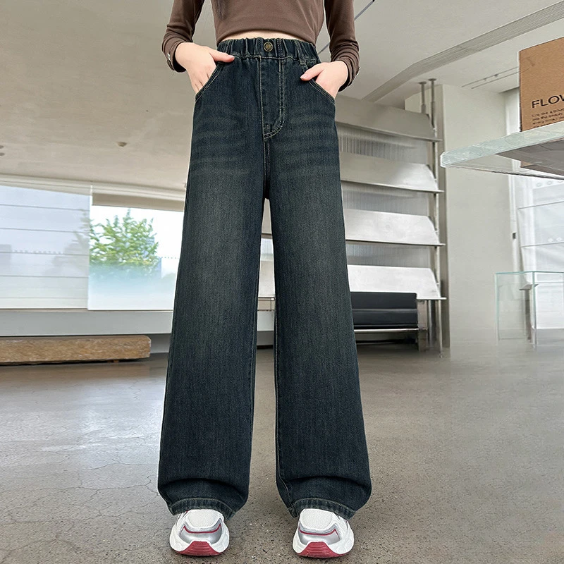女童春款阔腿裤2025新款儿童宽松牛仔裤春季中大童女孩直筒长裤潮