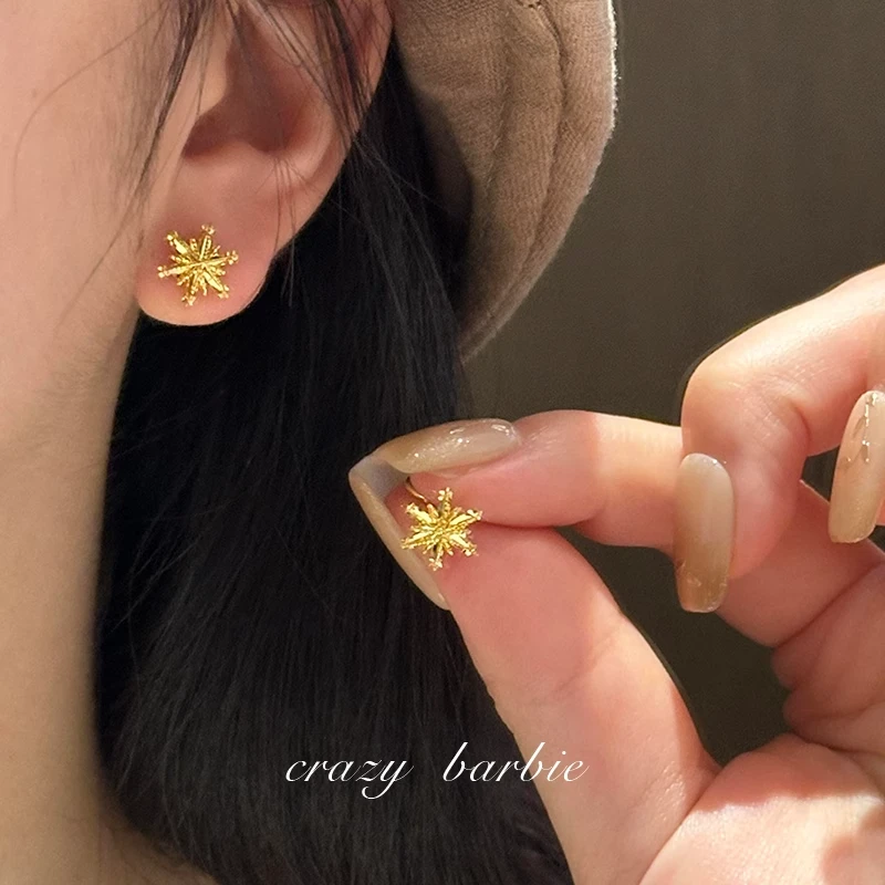 钛钢耳饰 冬日初雪小雪花耳钉精致小巧高级感气质耳饰金色耳环女