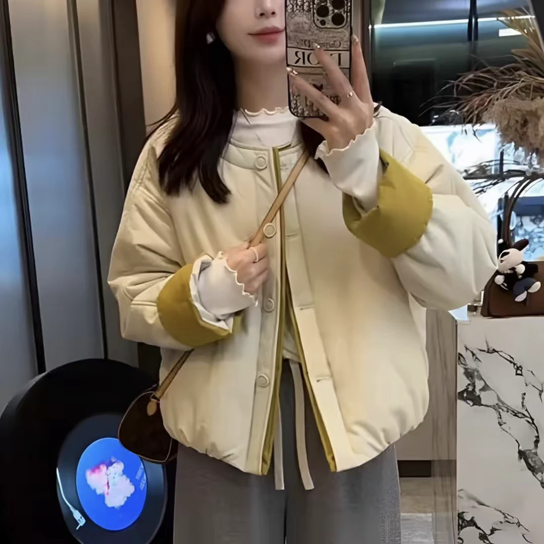 单排扣圆领棉服外套女2025秋冬款复古休闲风袖口撞色拼接夹棉棉袄