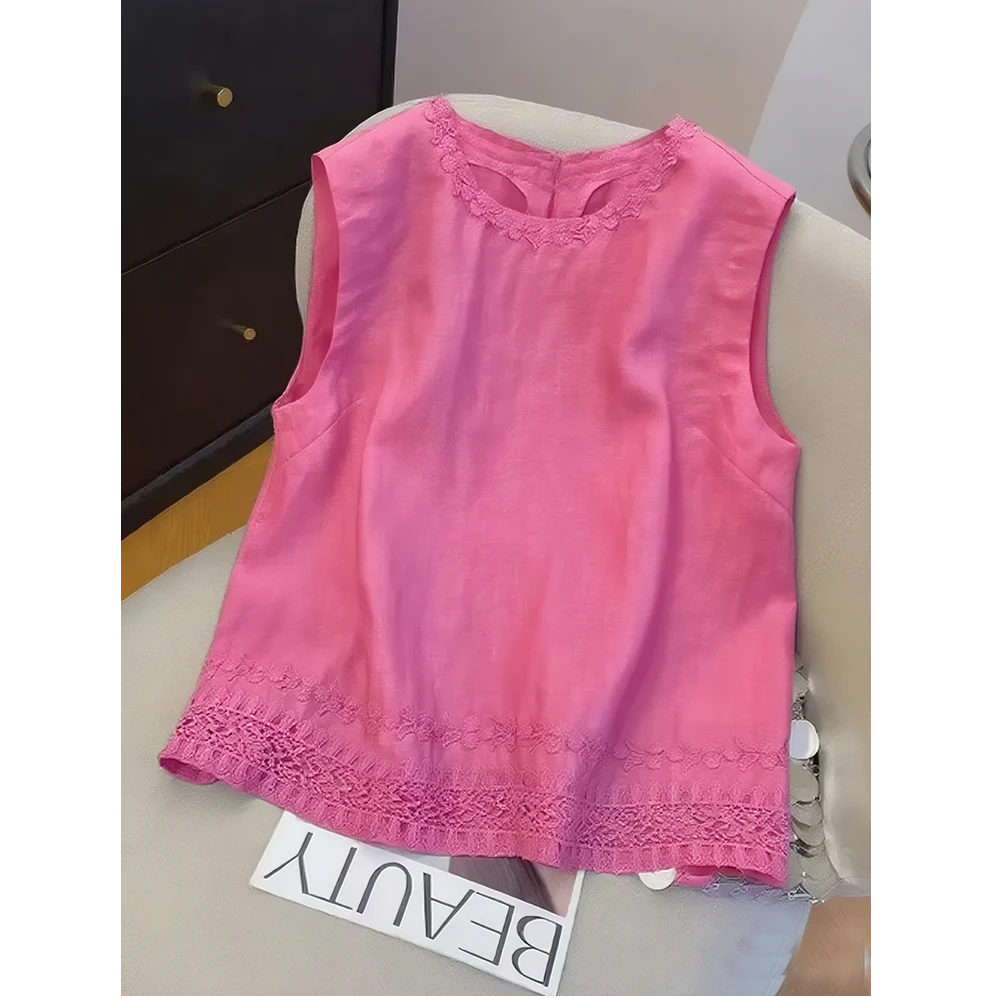 树莓粉花边刺绣无袖背心女2025夏显瘦圆领气质轻奢高级感女装