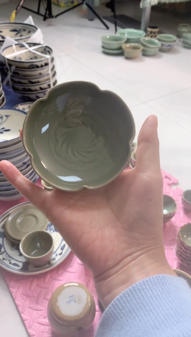 耀州窑 青瓷折口普洱杯两只