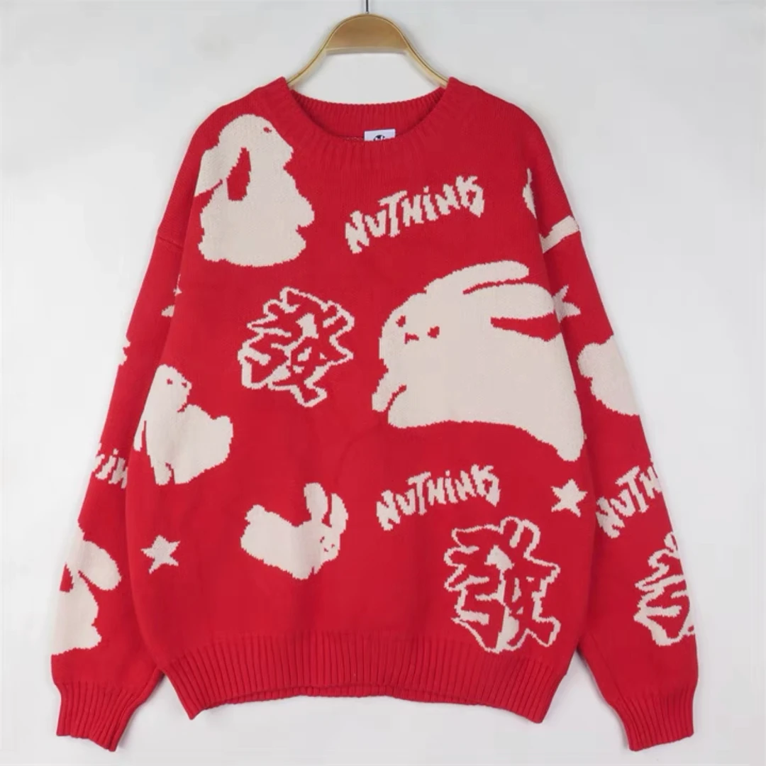 AB294复古毛衣秋冬红色套头卡通立体图案宽松慵懒软妹z