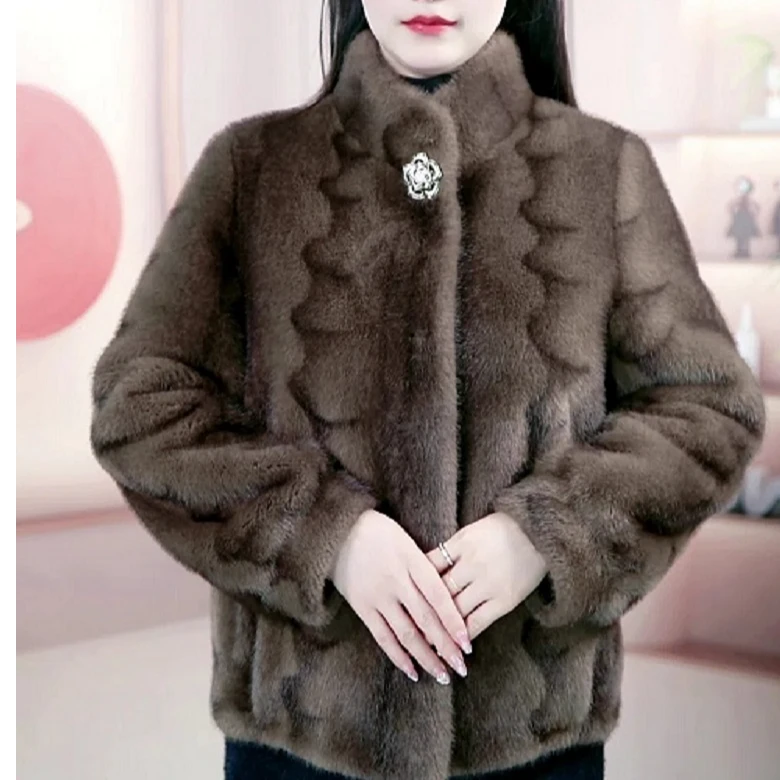 冬季气质爆款雪兰貂皮毛一体中年妈妈冬季立领百搭外套14565
