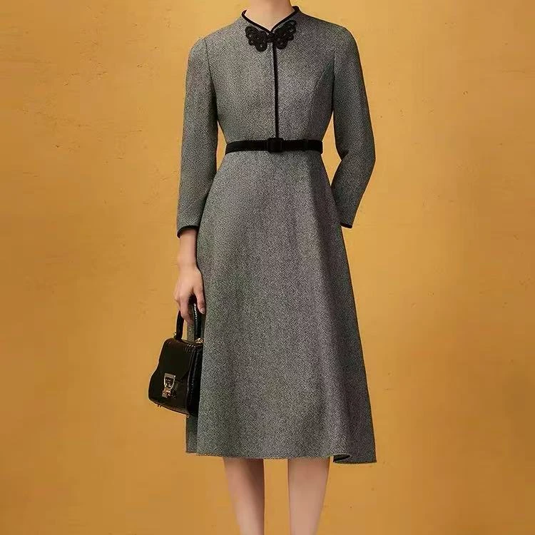 G+简约灰色连衣裙女秋冬文艺风棉质中长裙气质显瘦0831