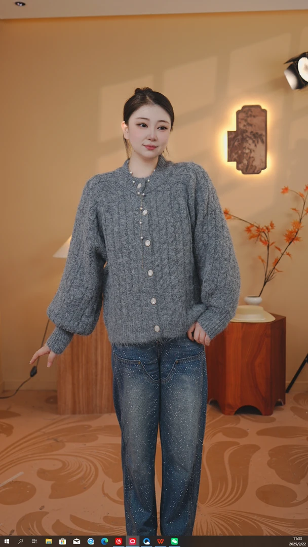茶墨(全身绞花一排扣外套针织毛衣）