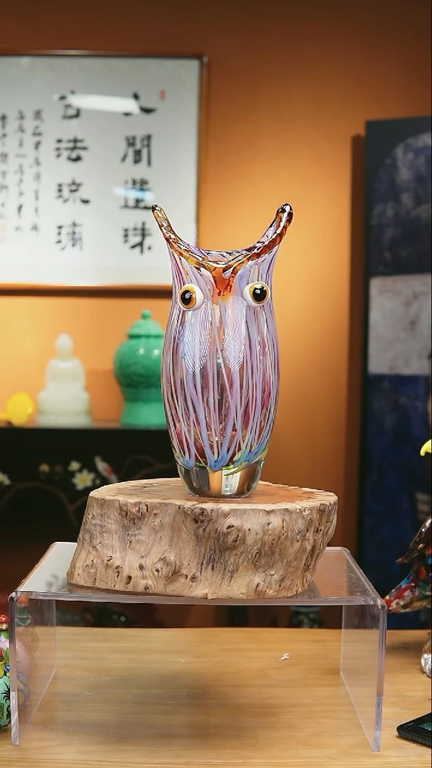 手工艺品琉璃粉色猫头鹰花瓶