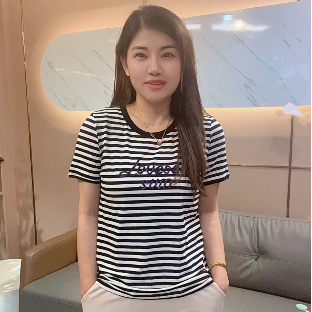 怡特美【条纹字母T】夏季清凉宽松时尚刺绣字母T圆领短袖256659百搭