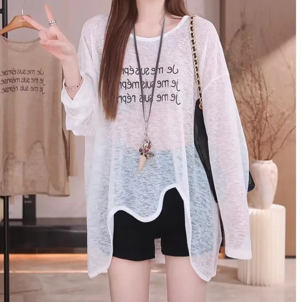 设计感下摆不规则字母印花长袖防晒衫2025夏季新款宽松气质上衣