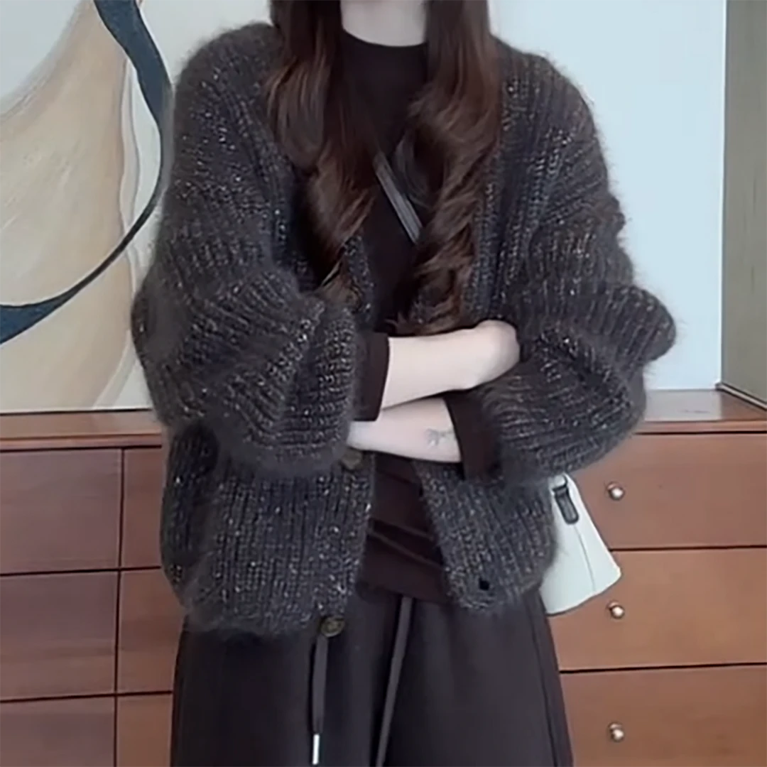 秋冬气质小香风宽松开衫软糯V领针织毛衣外套C6416
