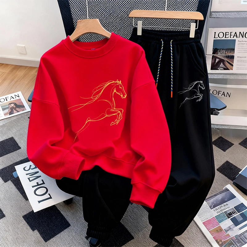 男女童过年喜庆衣服2026马年本命年红色衣服秋冬加绒圆领卫衣套装