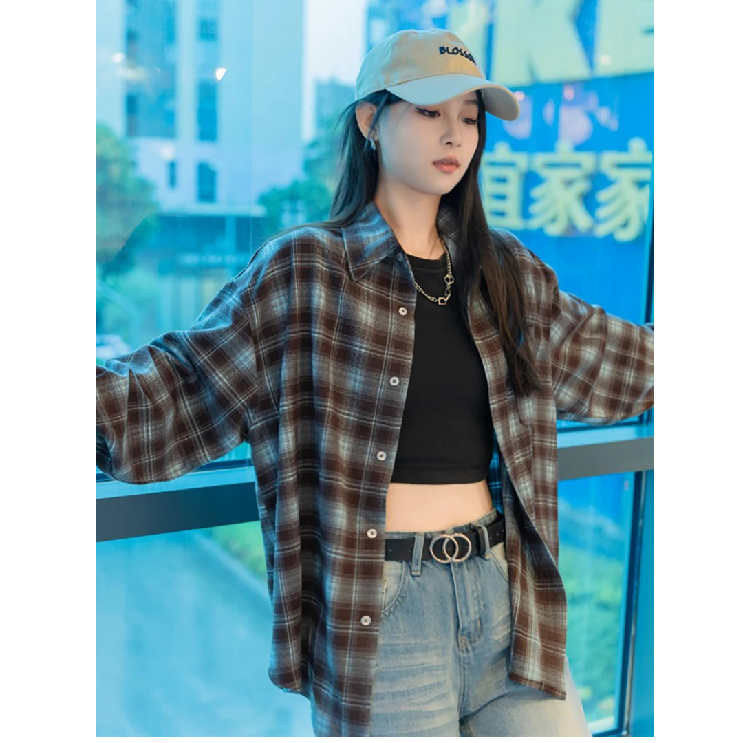 美式咖蓝格子长袖衬衫秋季新款高级感休闲衬衣潮牌宽松设计感外套