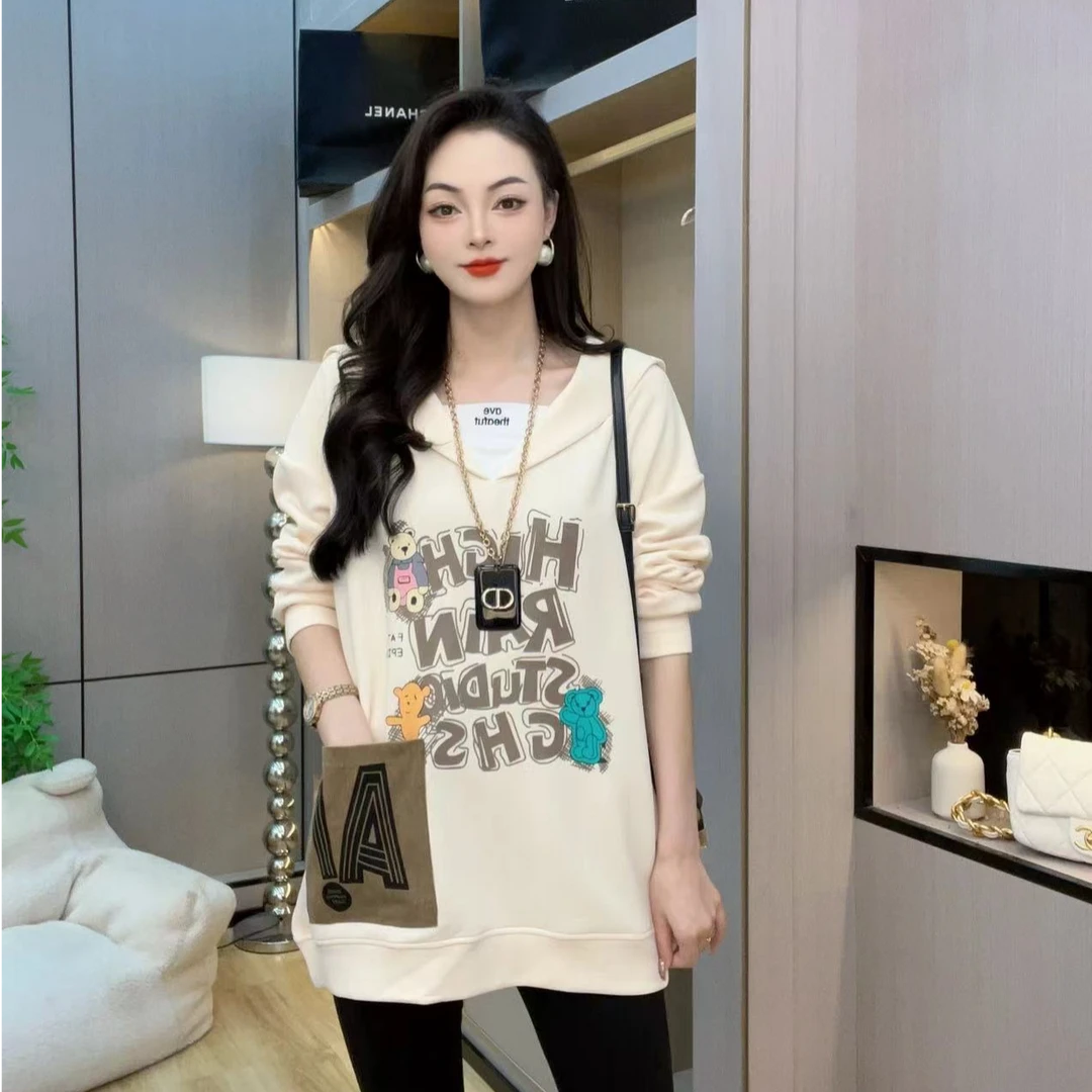 [海军领小熊卫衣]早秋新款设计感小熊口袋印花中长款时尚卫衣3236