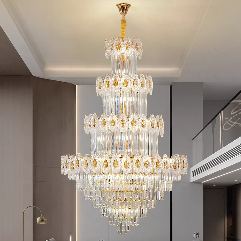 新款复式楼挑空吊灯轻奢风现代水晶大厅别墅跃层旋转楼梯客厅吊灯