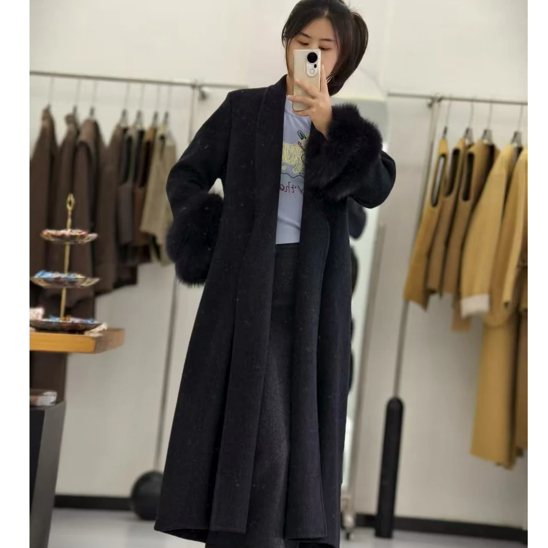 新款加长毛毛袖双面呢大衣时尚设计师设计师秋冬百搭气质女士