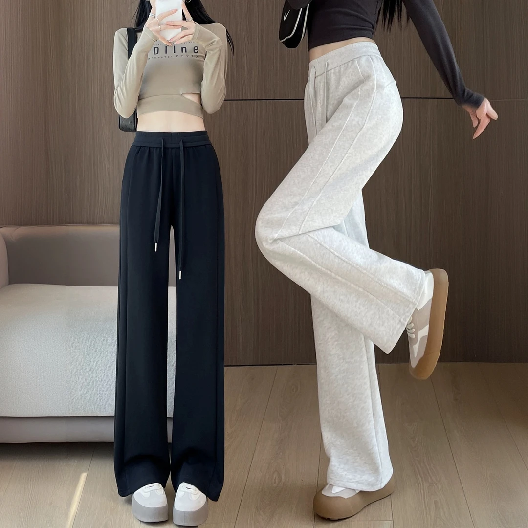 灰色加绒裤子女秋冬季2025新款爆款加厚休闲运动卫裤弯刀阔腿长裤