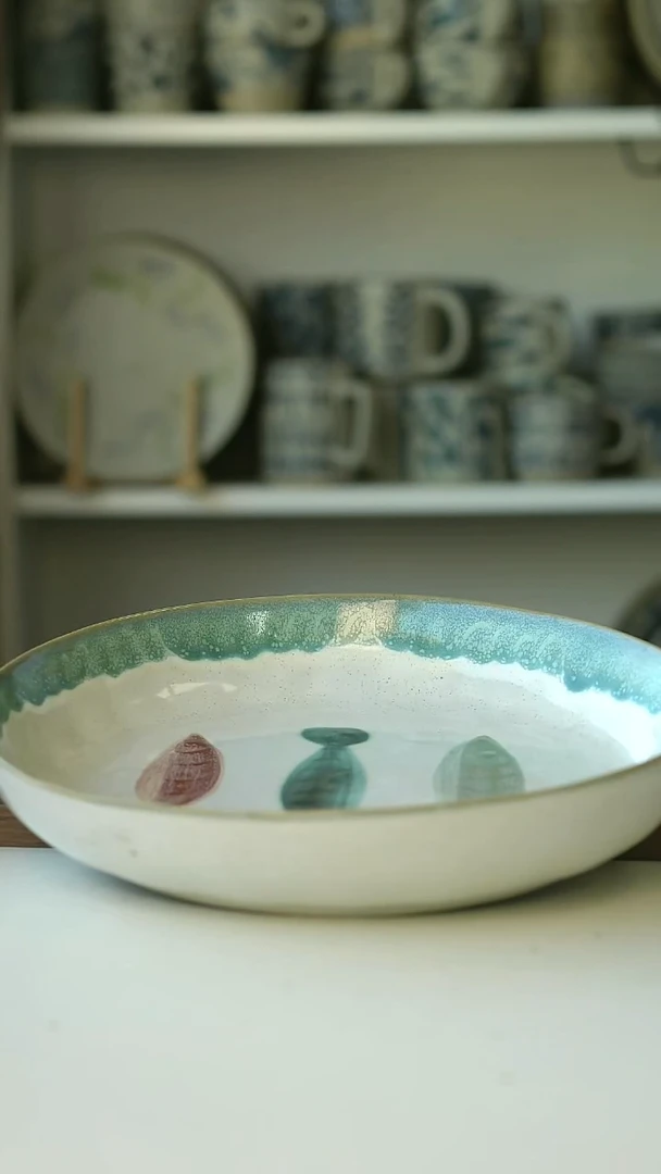 微瑕手作三色鱼趣深盘25cm@4-2@