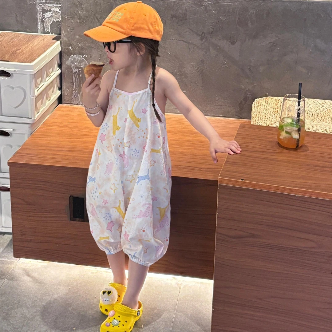 小惜亦夏季韩版童装女童小众可爱满印卡通吊带连体裤宝宝洋气穿搭