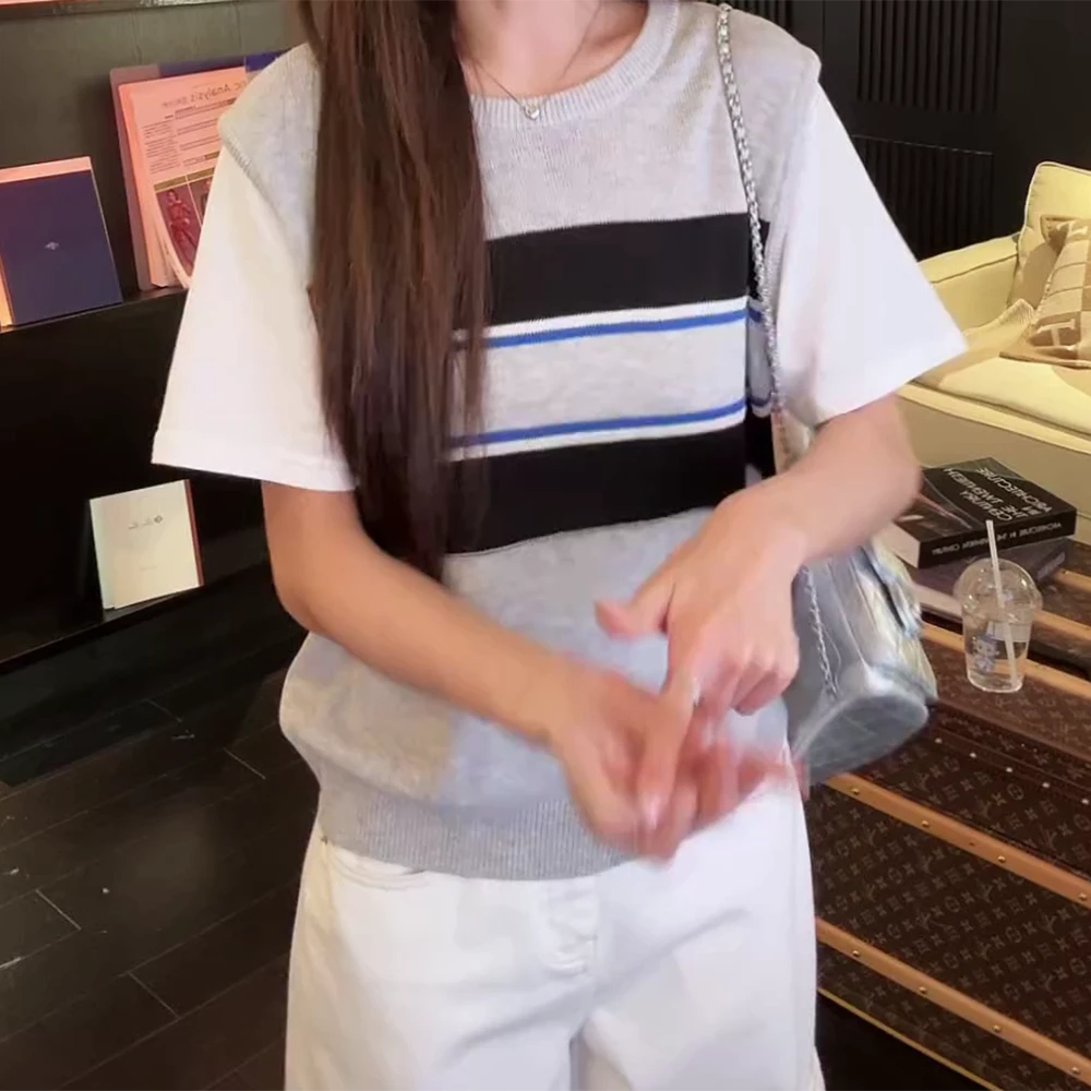 2025时尚撞色假两件针织衫条纹T休闲百搭夏季圆领套头