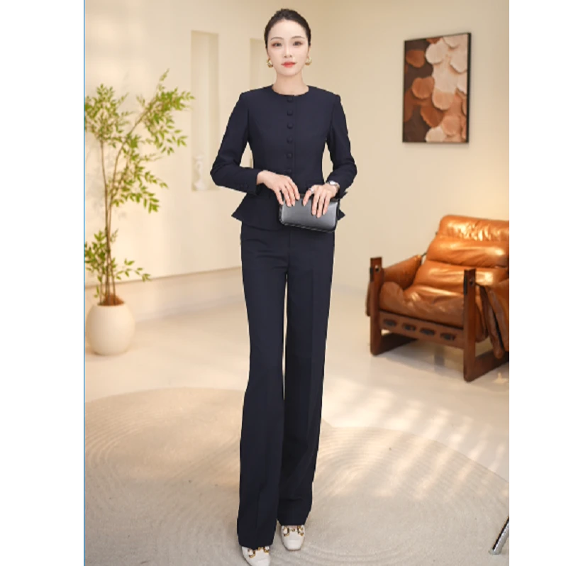 晚晚春秋新款藏青色西装套装女高级显瘦显高女神范时尚通勤穿搭