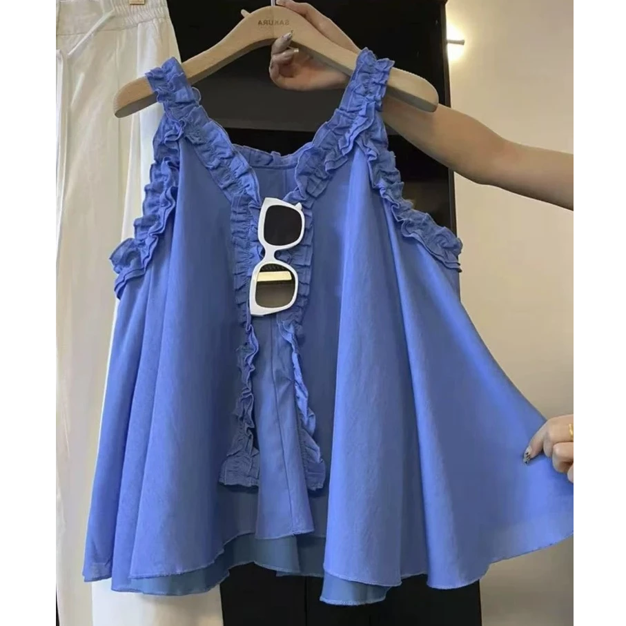 法式木耳边V领蓝色衬衫女夏季新款无袖气质上衣