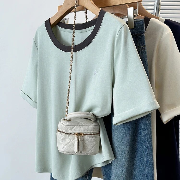 2025新款胖mm大码时尚百搭撞色爱心刺绣正肩短袖T恤7005