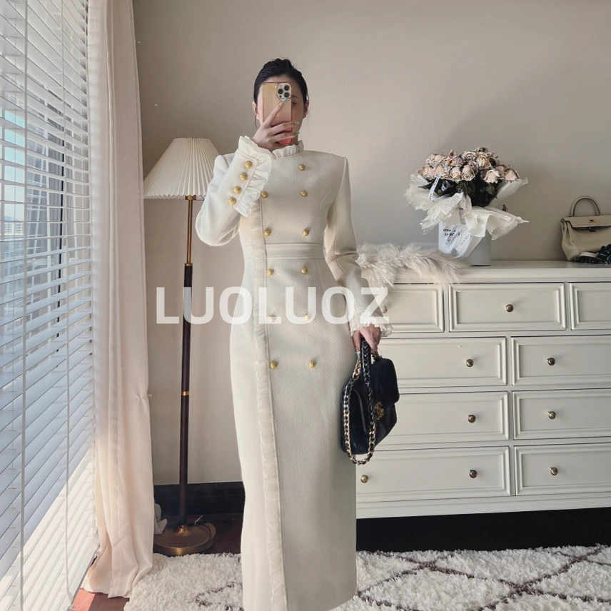 【现货】LUOLUOZ【香醇尘间】法式小立领花边修身长袖连衣裙H812
