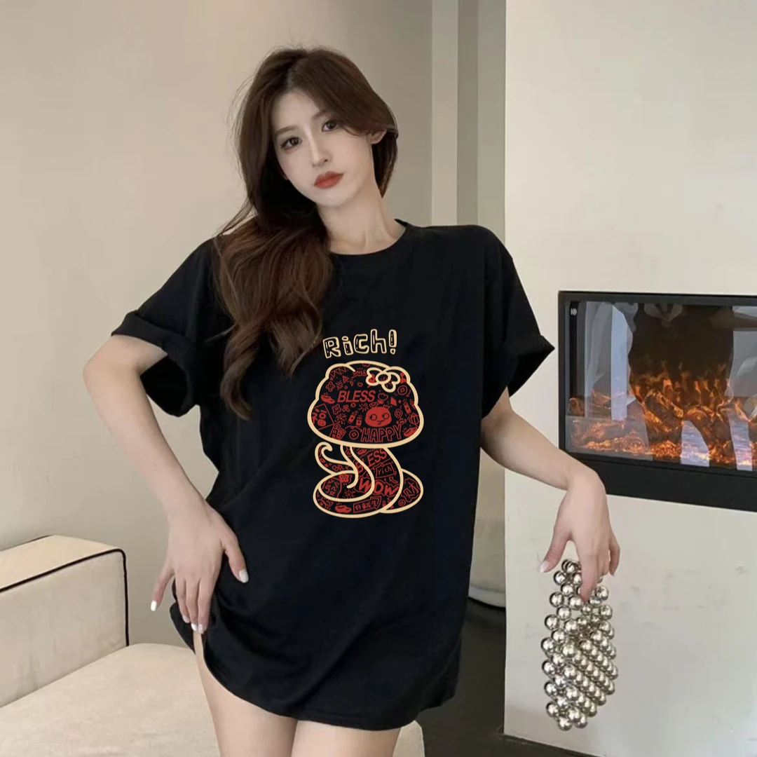 100%纯棉新年宽松卡通圆领上衣女ins懒惰风小众设计感韩系短袖T恤