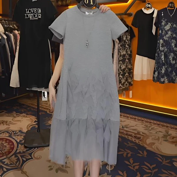 1私服定制夏天季时尚拼接灰色高端气质 显瘦女神范连衣裙夏季