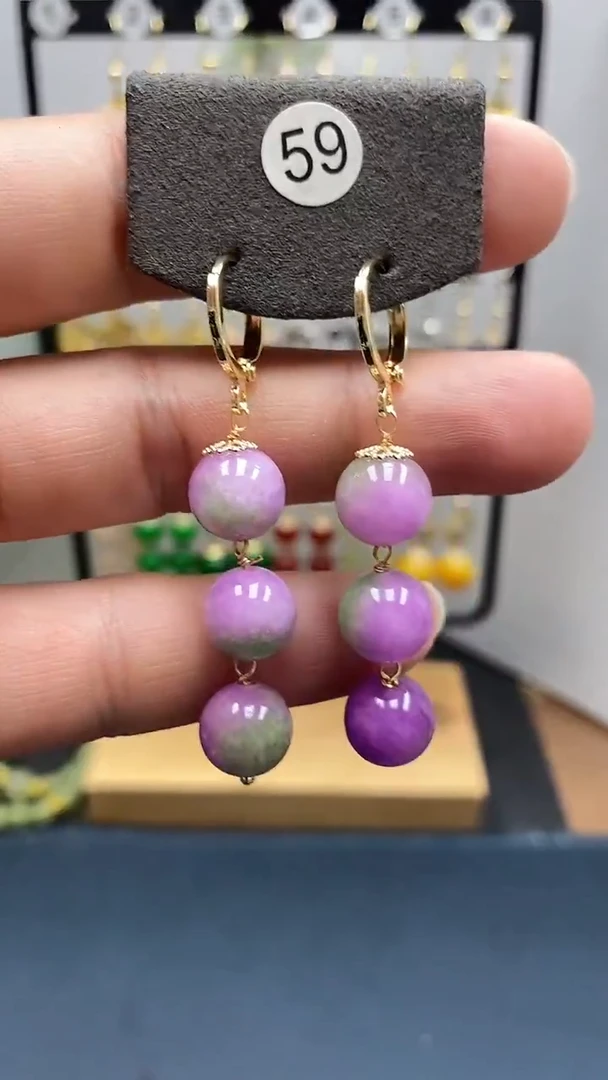 翡翠银S925镀金镶嵌耳饰尺寸10mm连珠耳扣00