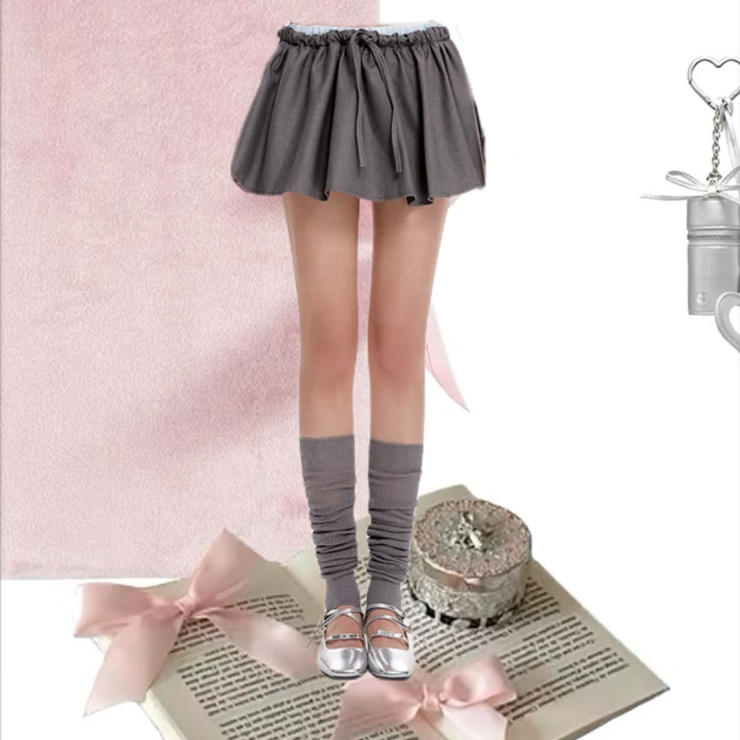 【安-叠叠乐】miu系格雷风收褶双腰头半身裙女新款低腰系带灰色短裙