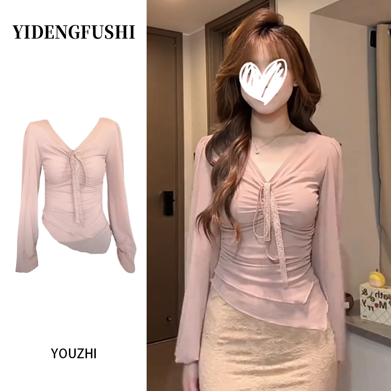 法式性感纯欲风粉色V领系带长袖T恤女早秋修身显瘦褶皱打底衫上衣