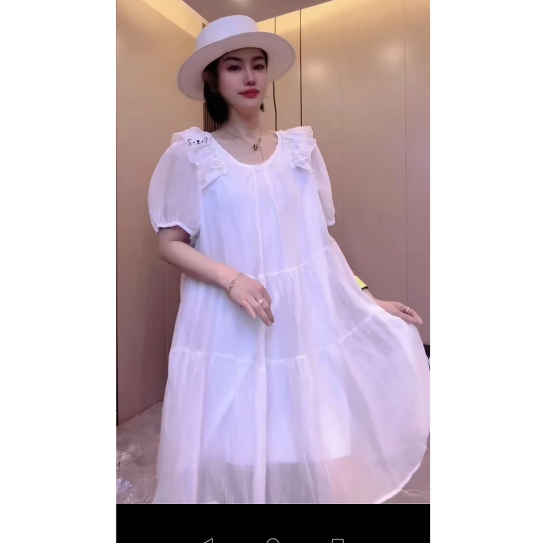 大码铆钉珠珠荷叶领夏季圆领常规短袖高腰胖妹妹大码连衣裙A字裙