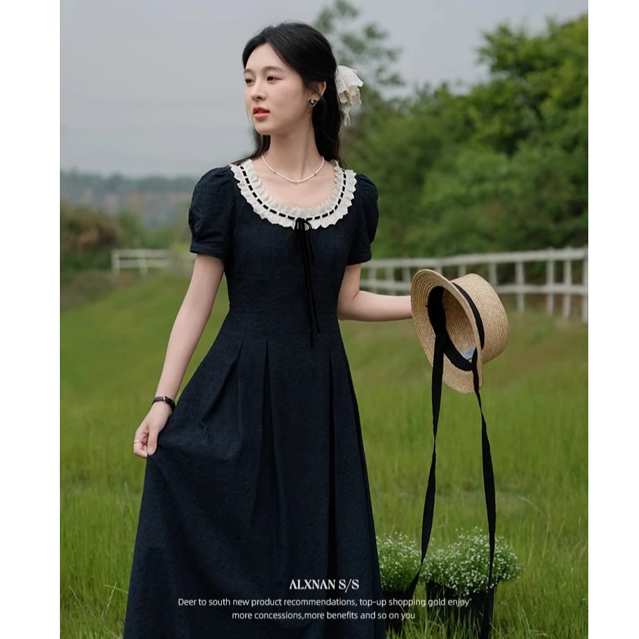 鹿向南「南法庄园」法式圆领花边拼接短袖连衣裙女夏高腰显瘦长裙