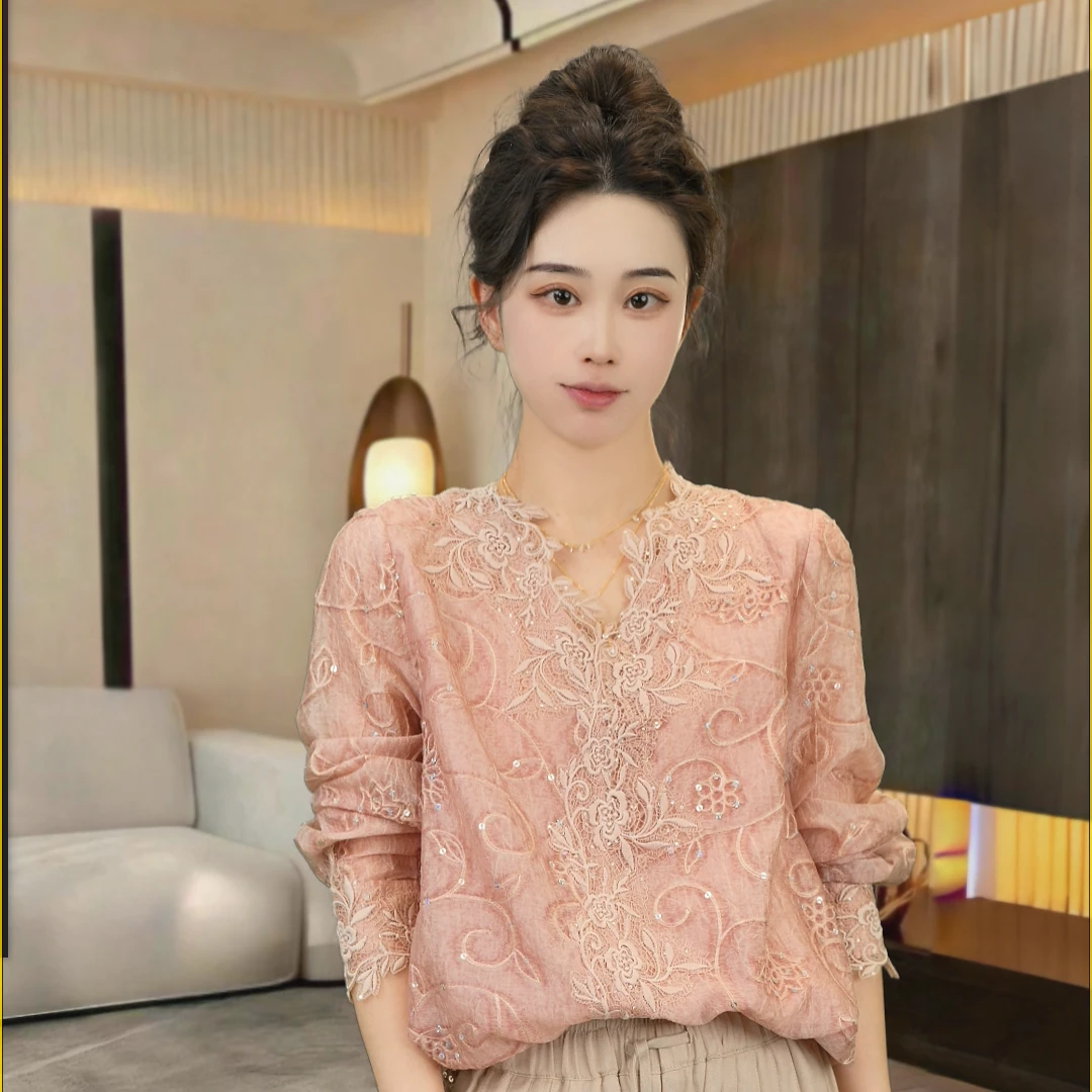 【范有名专属】新中式蕾丝设计粉色衬衫女2025洋气减龄宽松复古上衣