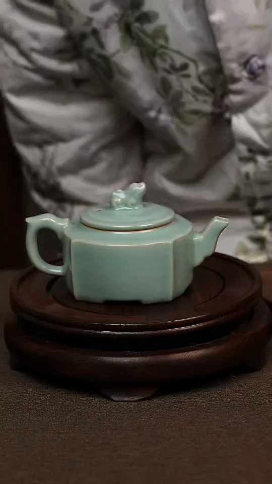 瓷片仿古天青手工四方壶200ml 微瑕 不带礼盒