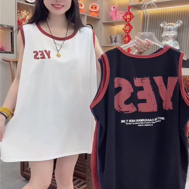 韩版2025夏季新款百搭圆领无袖字母印花背心中长款女宽松显瘦上衣