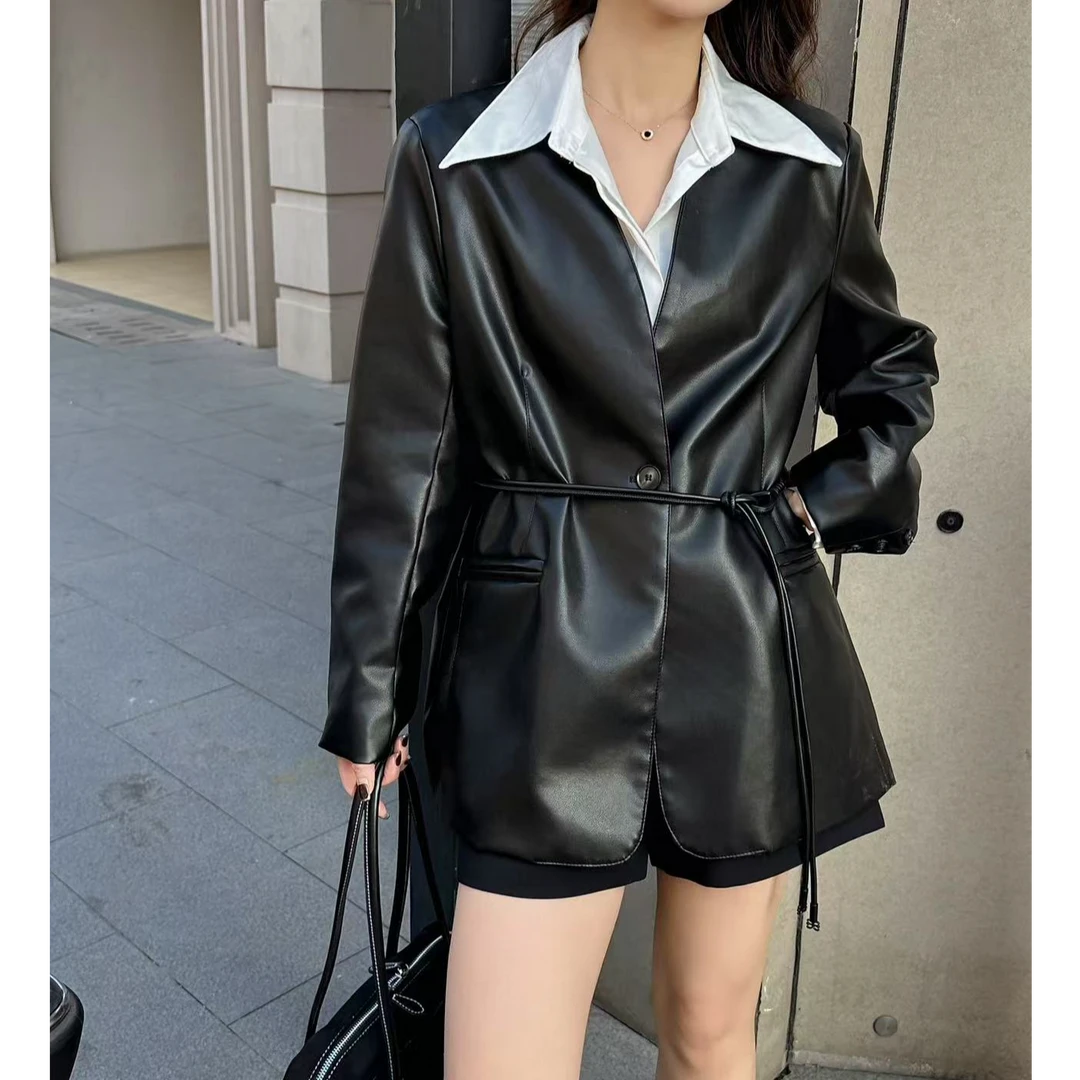 62100秋季宽松百搭长袖时尚黑皮夹克显瘦轻职风网红女士皮衣收腰