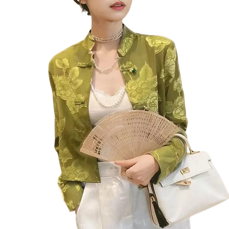 新中式提花立领短款外套2024春夏新款百搭显设计感防晒长袖衬衣女