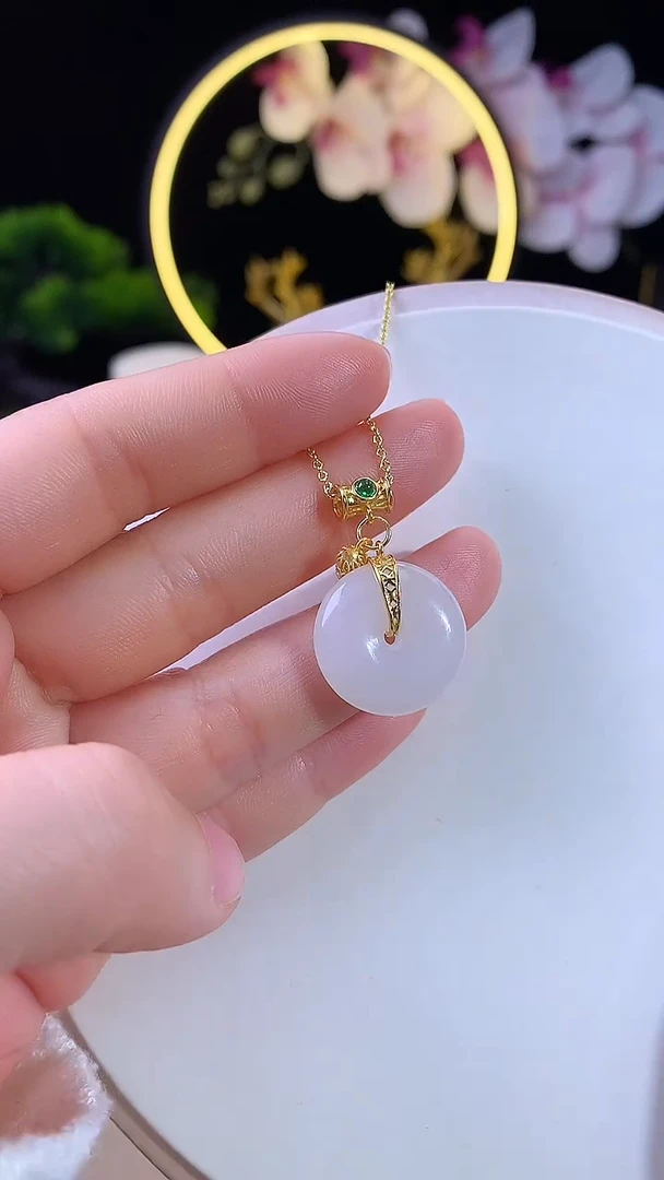 吊坠(赠链)银S925镶嵌和田玉白玉平安扣