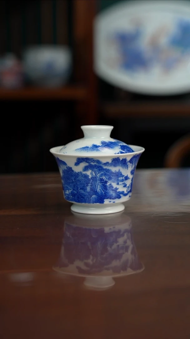 柴窑青花山水盖碗