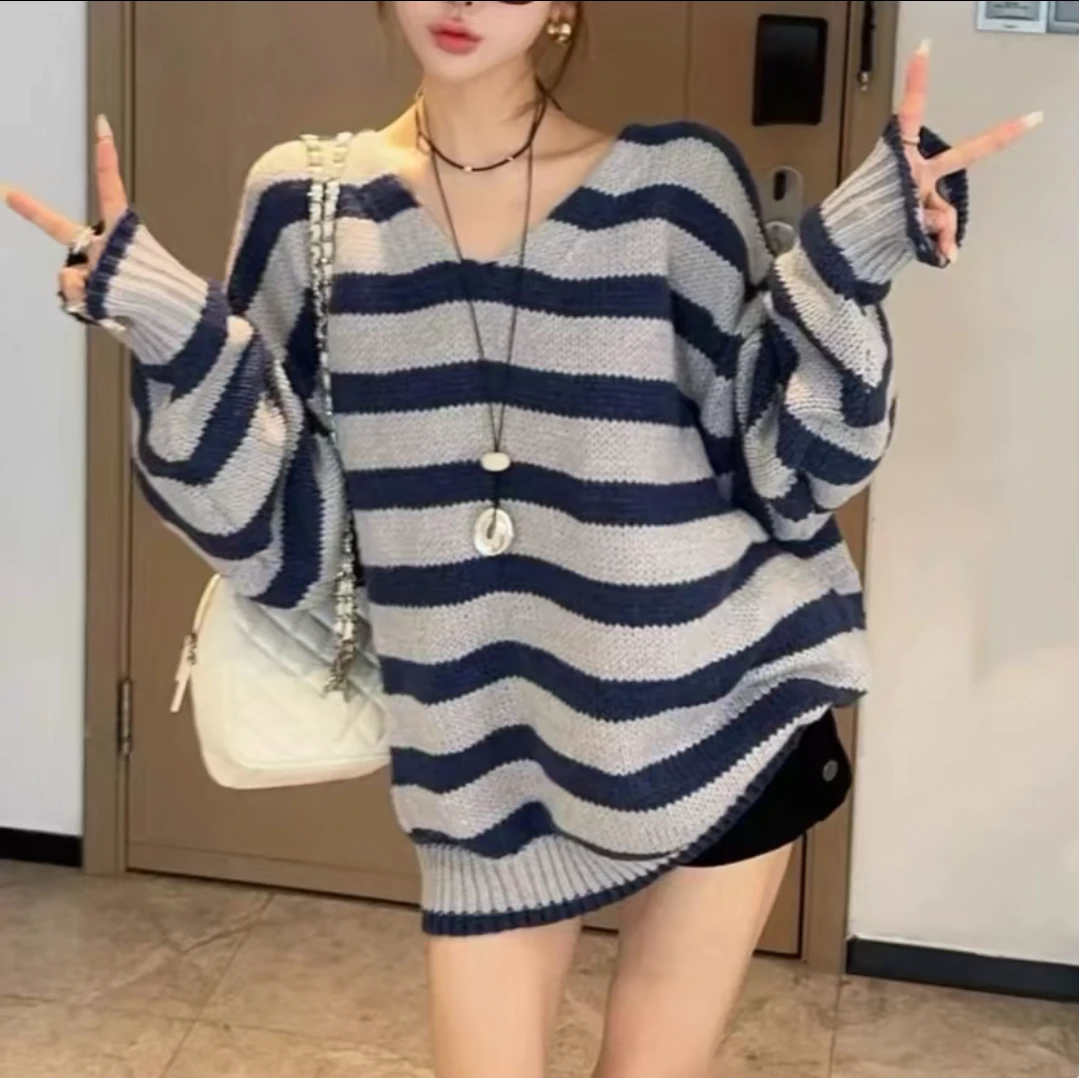 韩系复古撞色条纹软糯套头毛衣女秋冬外穿宽松慵懒风高级感针识衫