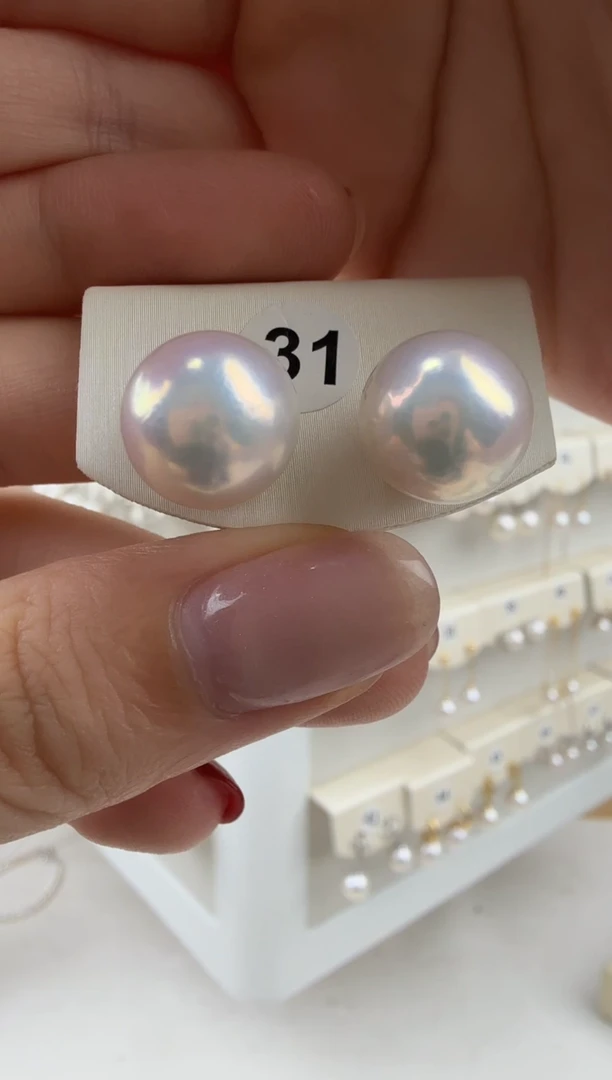 银S925镶嵌淡水珍珠耳饰12-13mm素钉