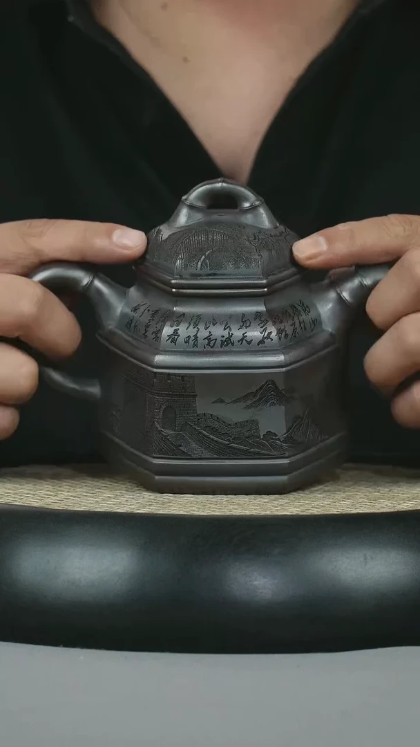 茶壶紫砂 龙山古乌泥  六方竹鼎